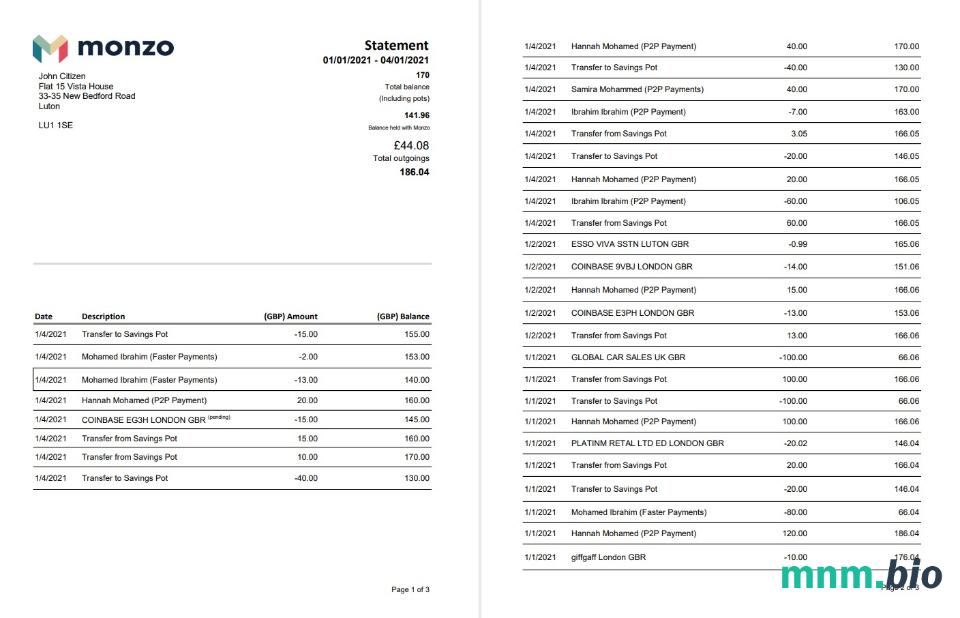 United Kingdom Monese wzór wyciągu bankowego w formacie Word i PDF format, 2 stronas